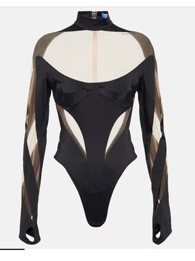 Mugler Paneled Illusion Long Sleeve Bodysuit Sculpting Designer Bodice Size 38